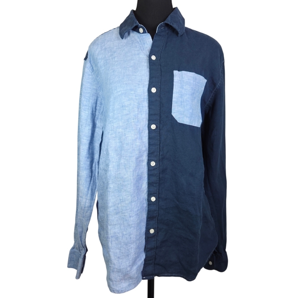 Simons Dual-Blue Casual Button Down Linen Shirt Size Med